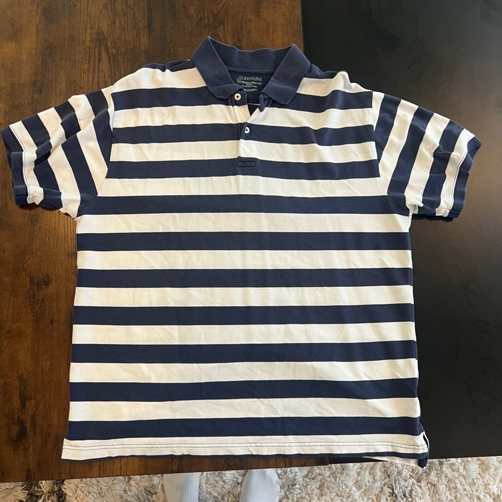 St Johns Bay Mens XL Performance Pique Polo Shirt Navy Blue‎ White Striped